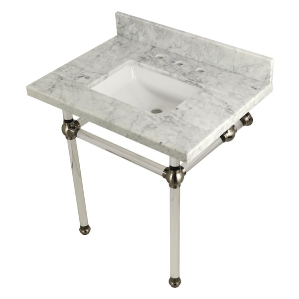 Kingston Brass 30" x 22" Carrara Marble Vanity Top with Clear Acrylic Console Legs, Carrara Marble/Brushed Nickel KVPB3030MASQ8 - main